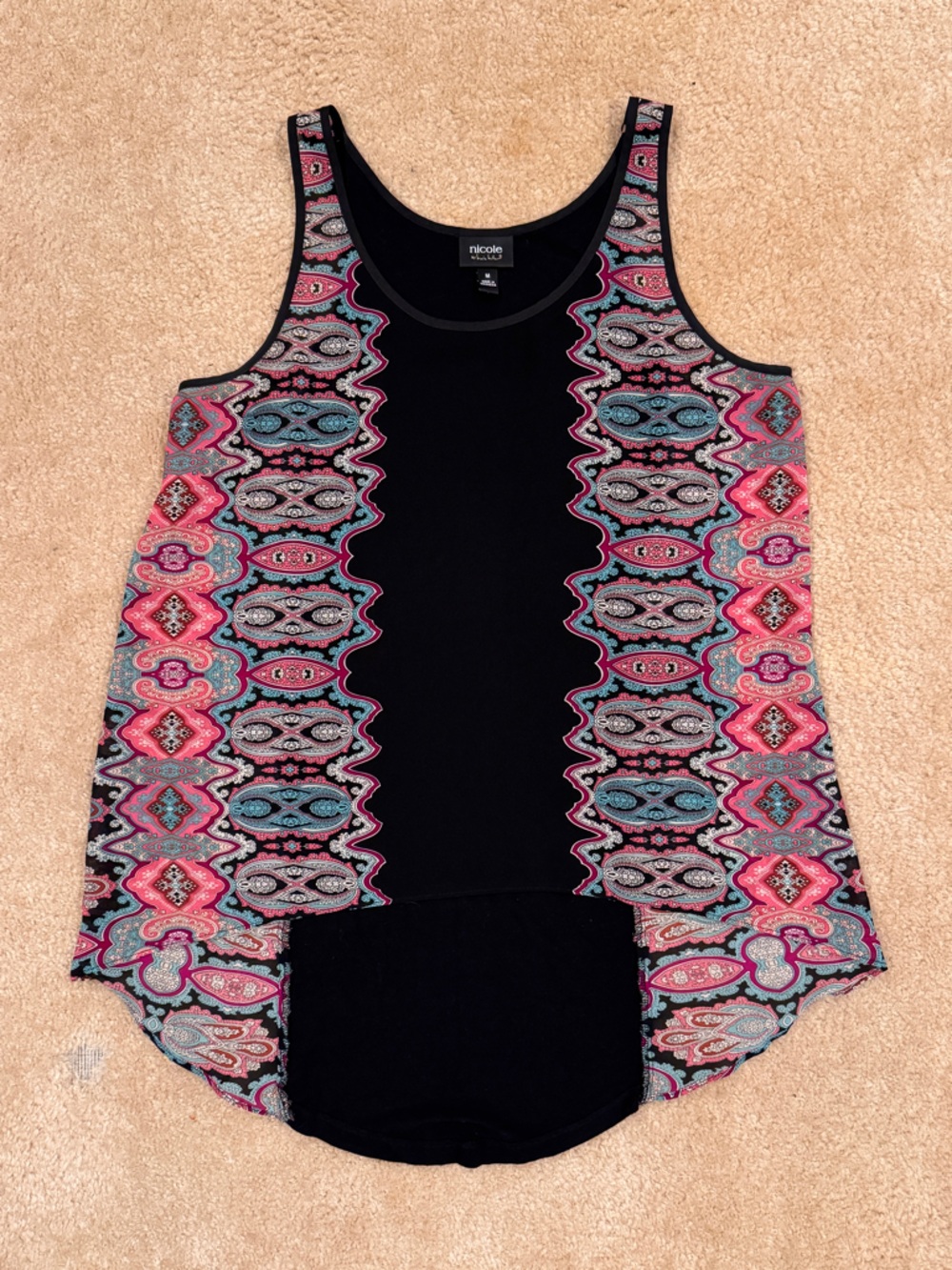 Nicole by Nicole Miller Black Tank with Pink & Blue Paisley Panels